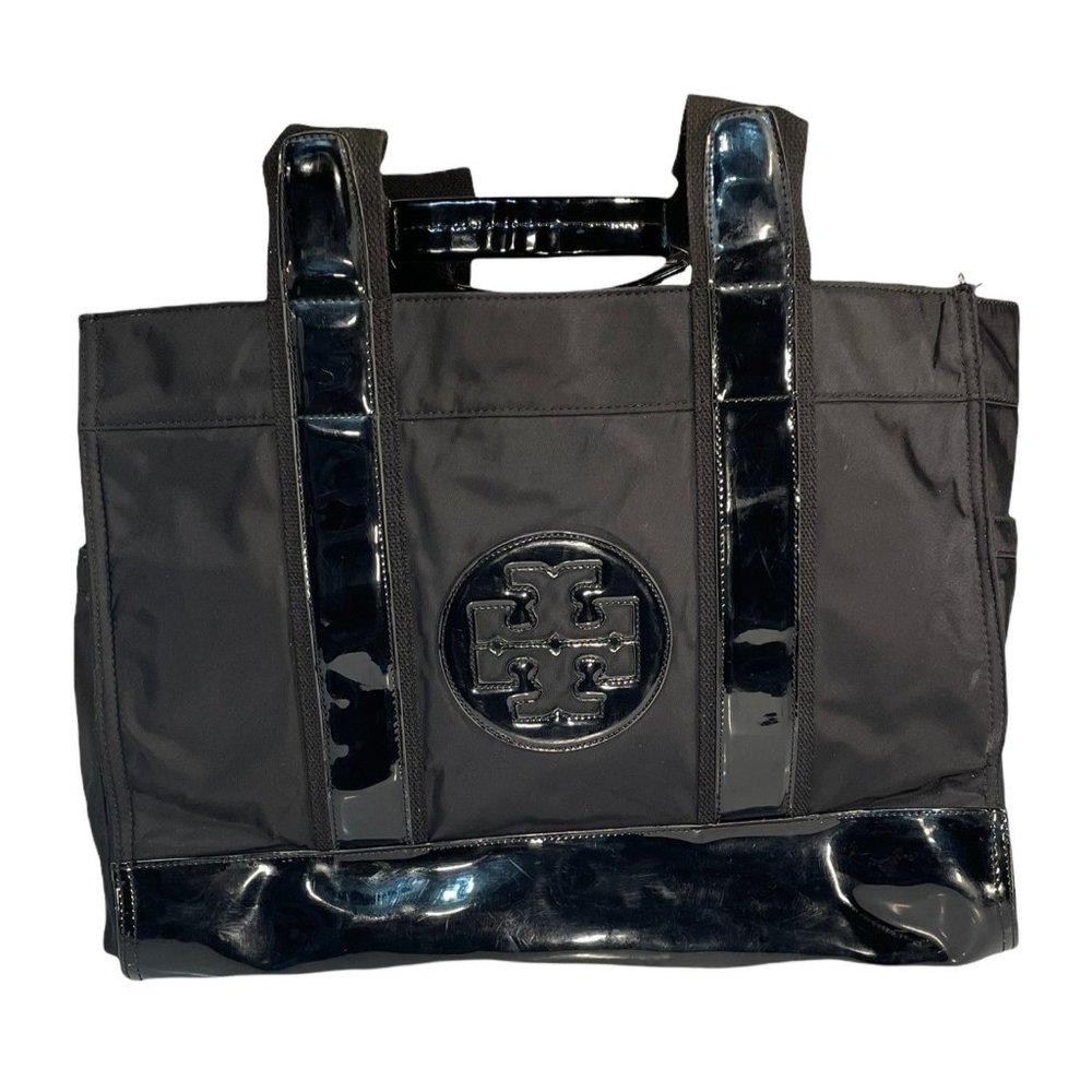 Tory Burch Large Ella Black Patent Leather and Canvas Iconic Logo Tote